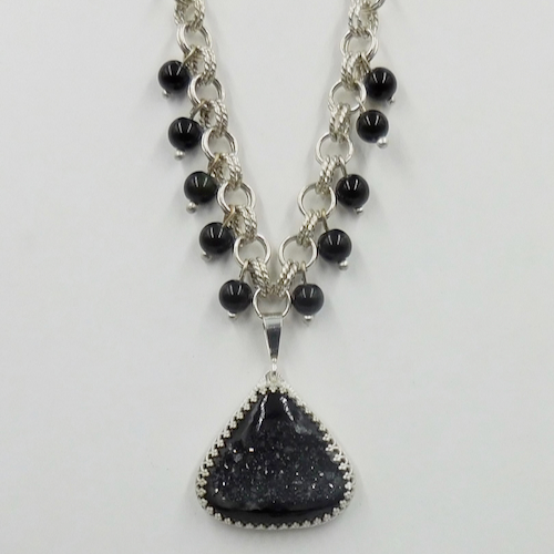 DKC-2026 Pendant, Black Druzy, on Silver Chain with Beads $275 at Hunter Wolff Gallery